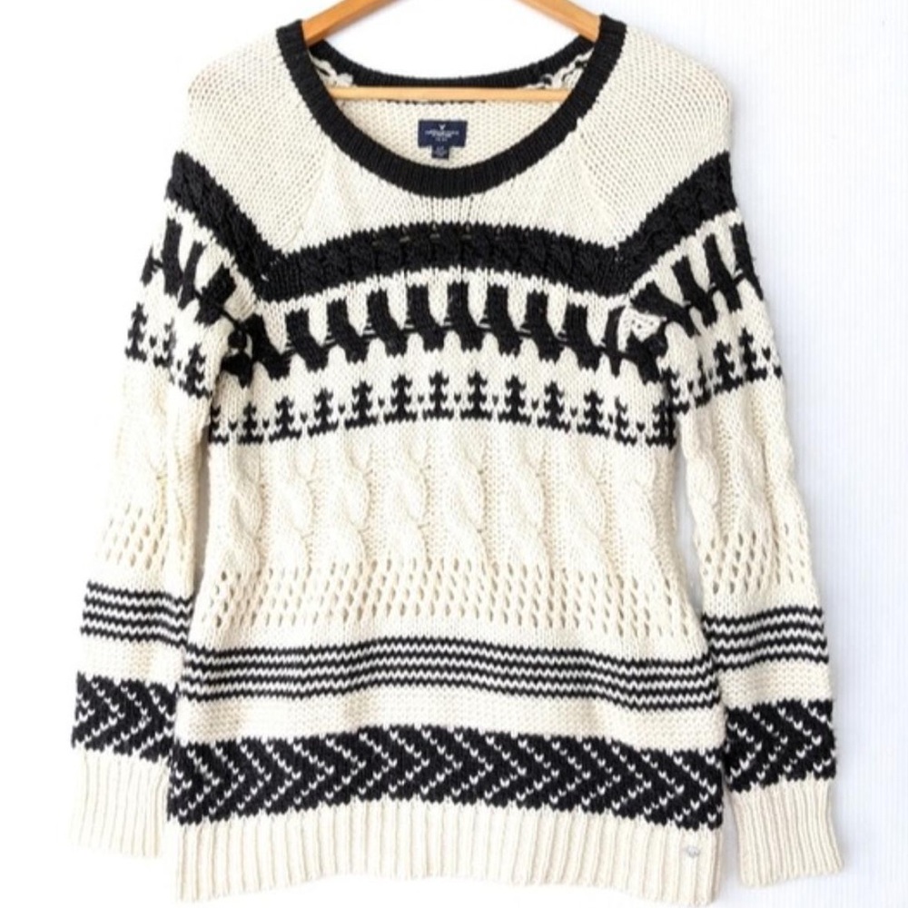 American Eagle Black & White Fair Isle Knit Sweater - Cozy Winter Style,…